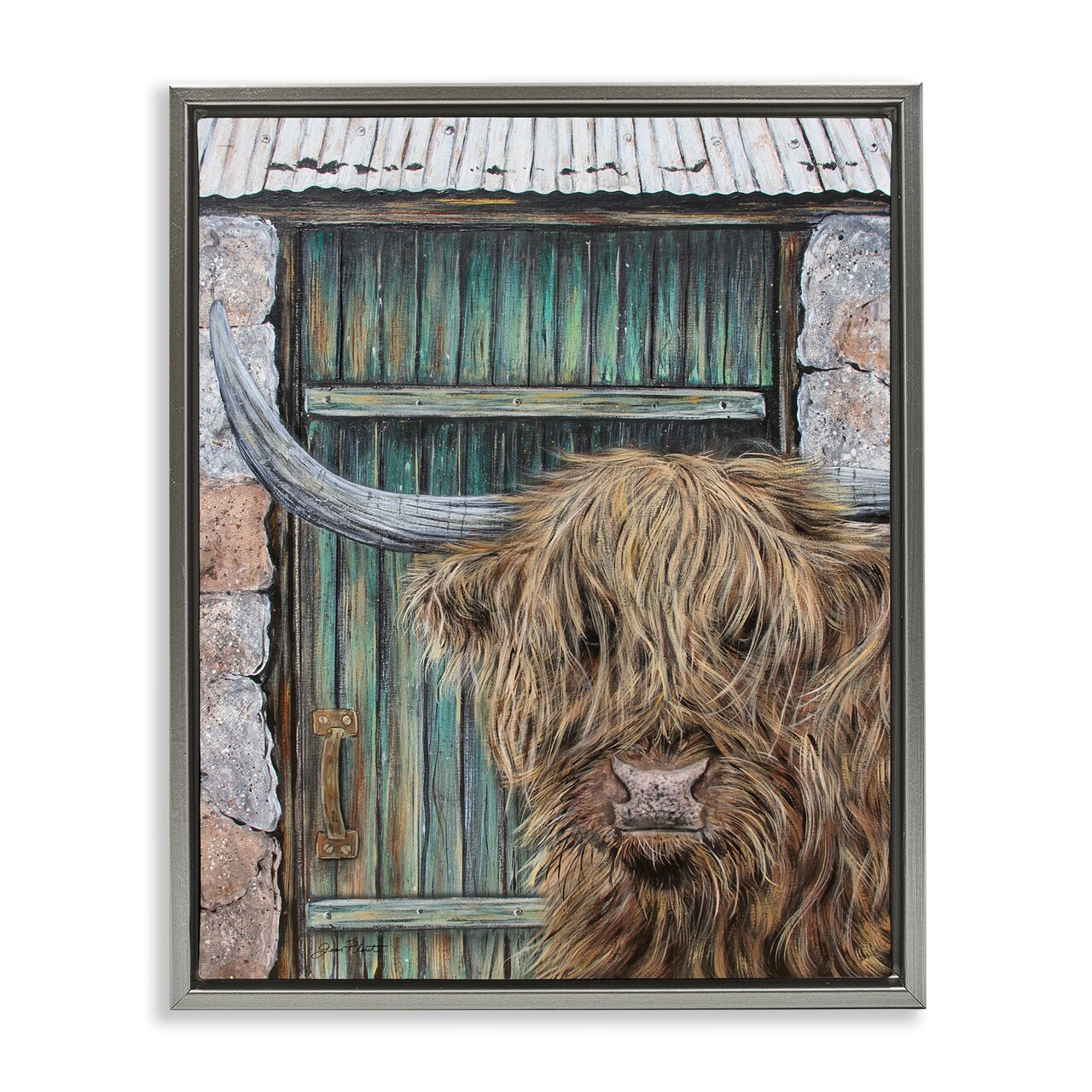 Stupell Industries Highland Cow by Barn Door Floating Frame, design by Jean Plout